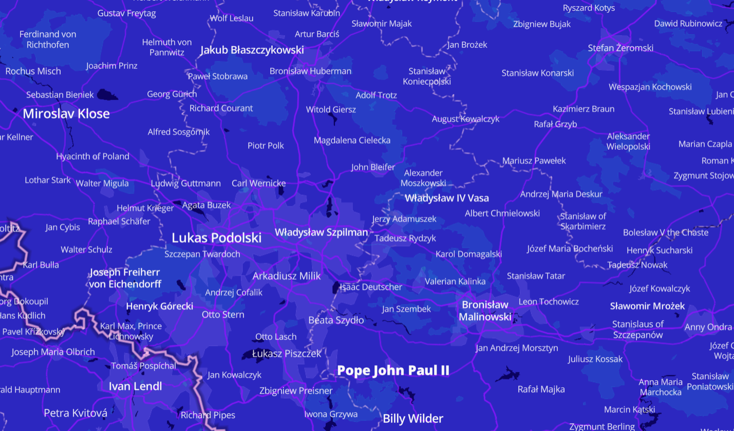 Mapa znanych ludzi. Interaktywna mapa, na której sprawdzisz najsłynniejszych ludzi urodzonych w danym miejscu. Źródło: tjukanovt.github.io/notable-people